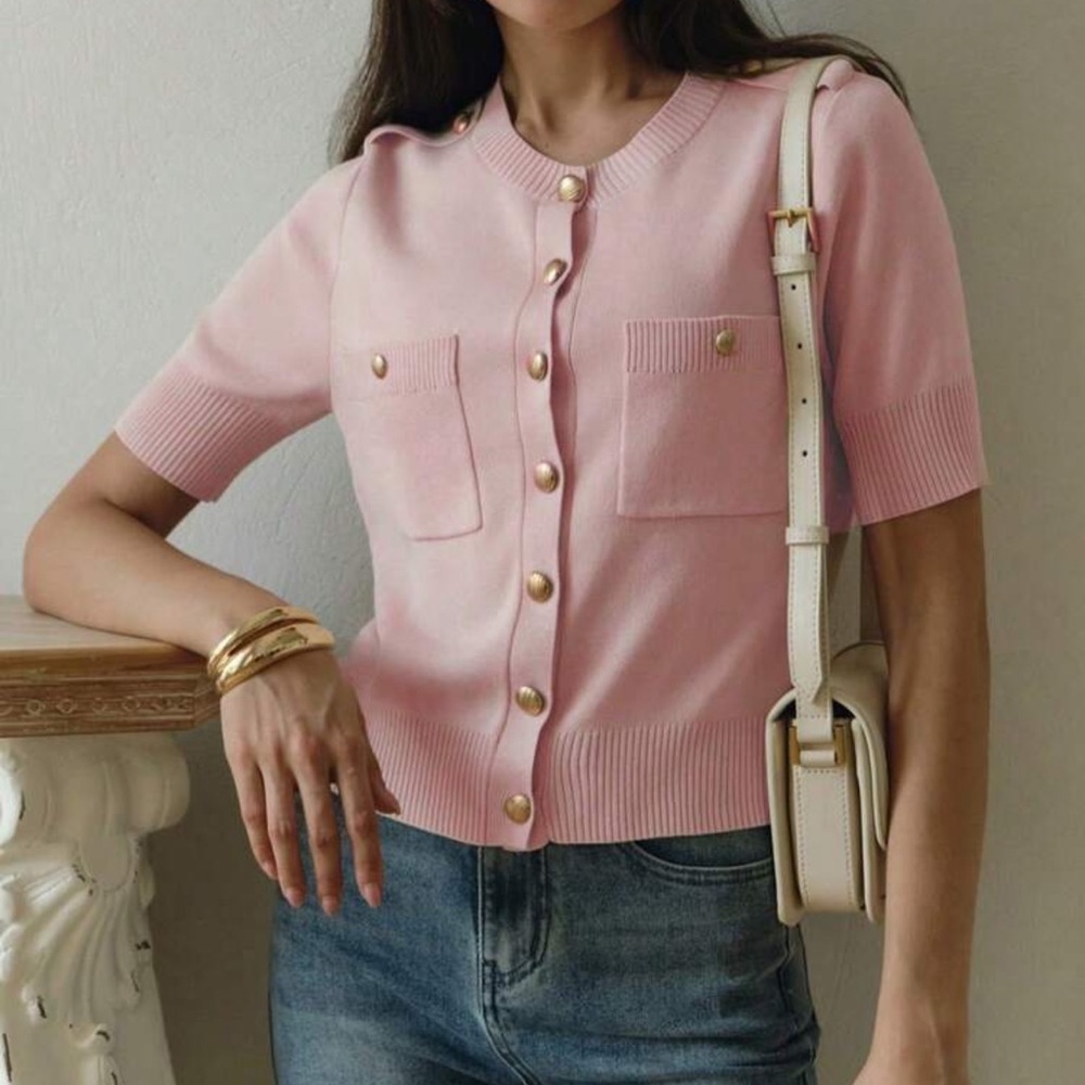 Pink 🦋 Short-Sleeve Button Cardigan Sweater Top